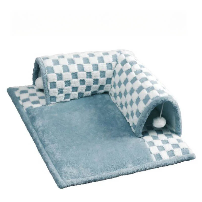 2-in-1 Funny Plush Plaid Checkered Cat Tunnel Bed - Image 10