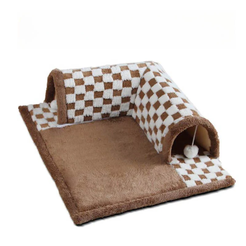 2-in-1 Funny Plush Plaid Checkered Cat Tunnel Bed - Image 11