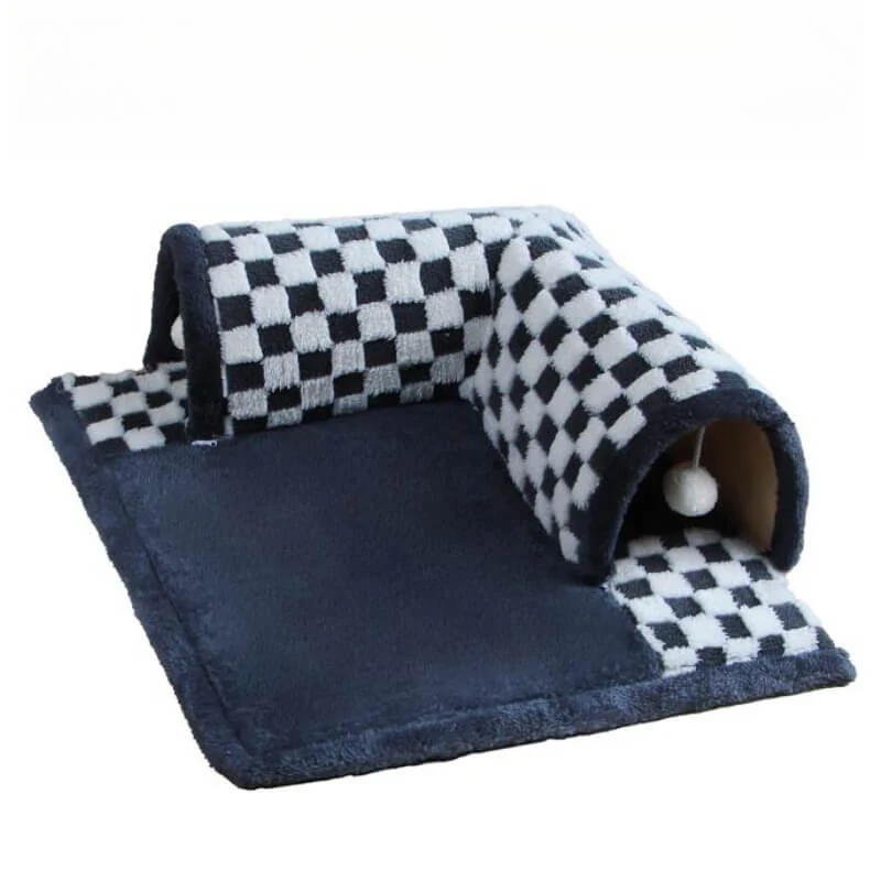 2-in-1 Funny Plush Plaid Checkered Cat Tunnel Bed - Image 12