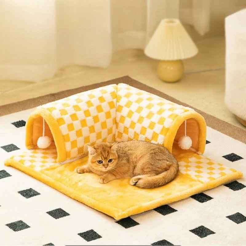 2-in-1 Funny Plush Plaid Checkered Cat Tunnel Bed - Image 3