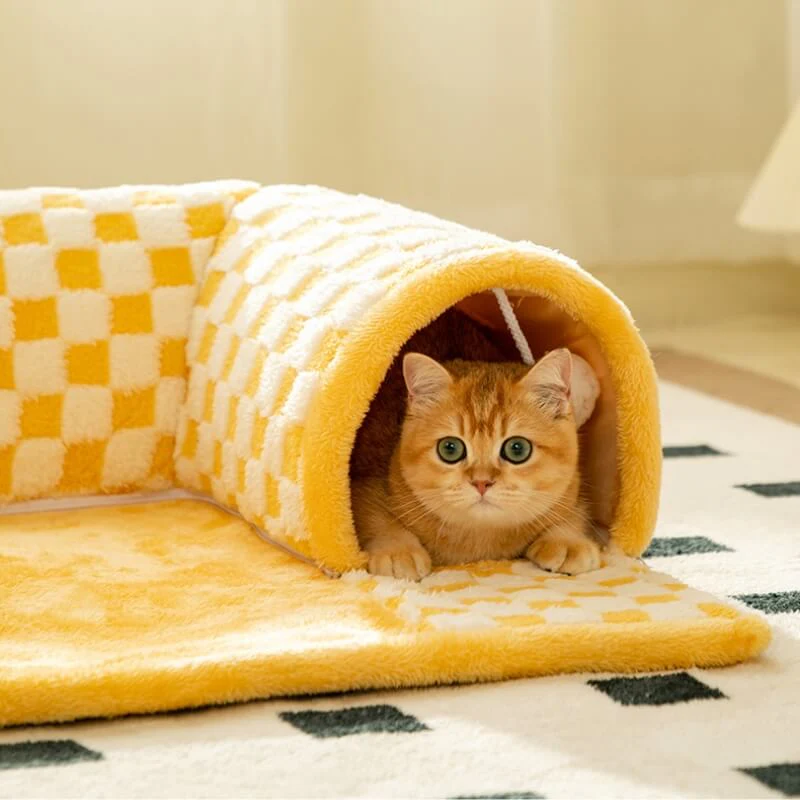 2-in-1 Funny Plush Plaid Checkered Cat Tunnel Bed - Image 4