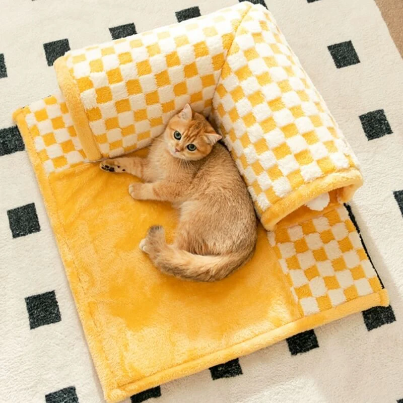 2-in-1 Funny Plush Plaid Checkered Cat Tunnel Bed - Image 5