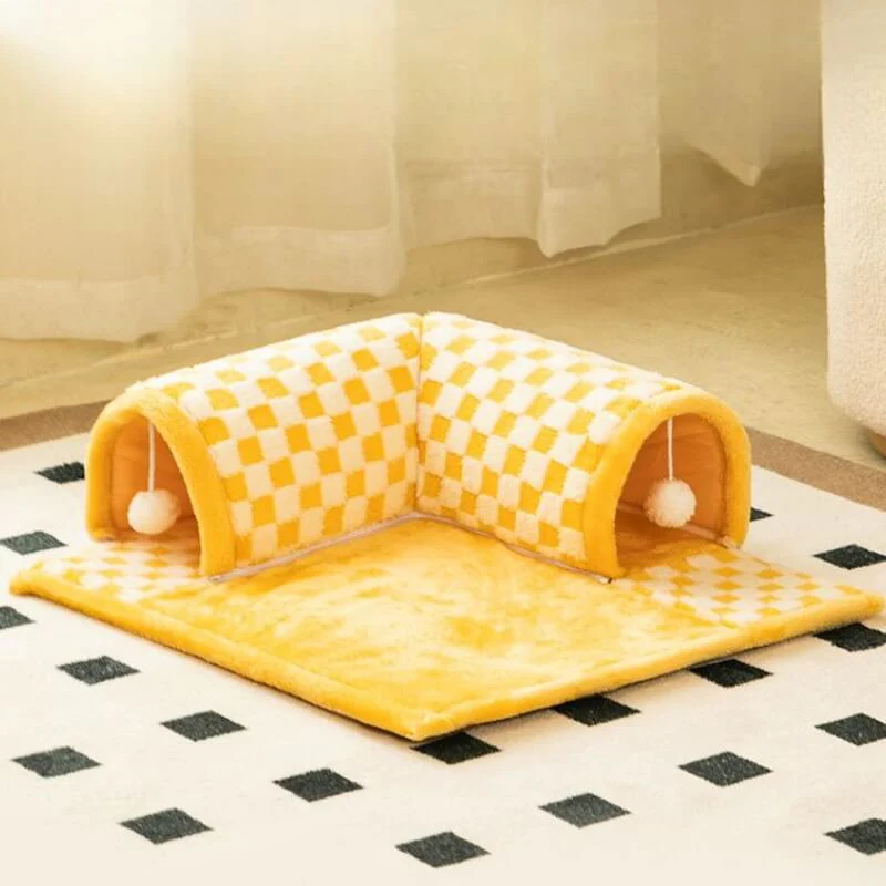 2-in-1 Funny Plush Plaid Checkered Cat Tunnel Bed - Image 8