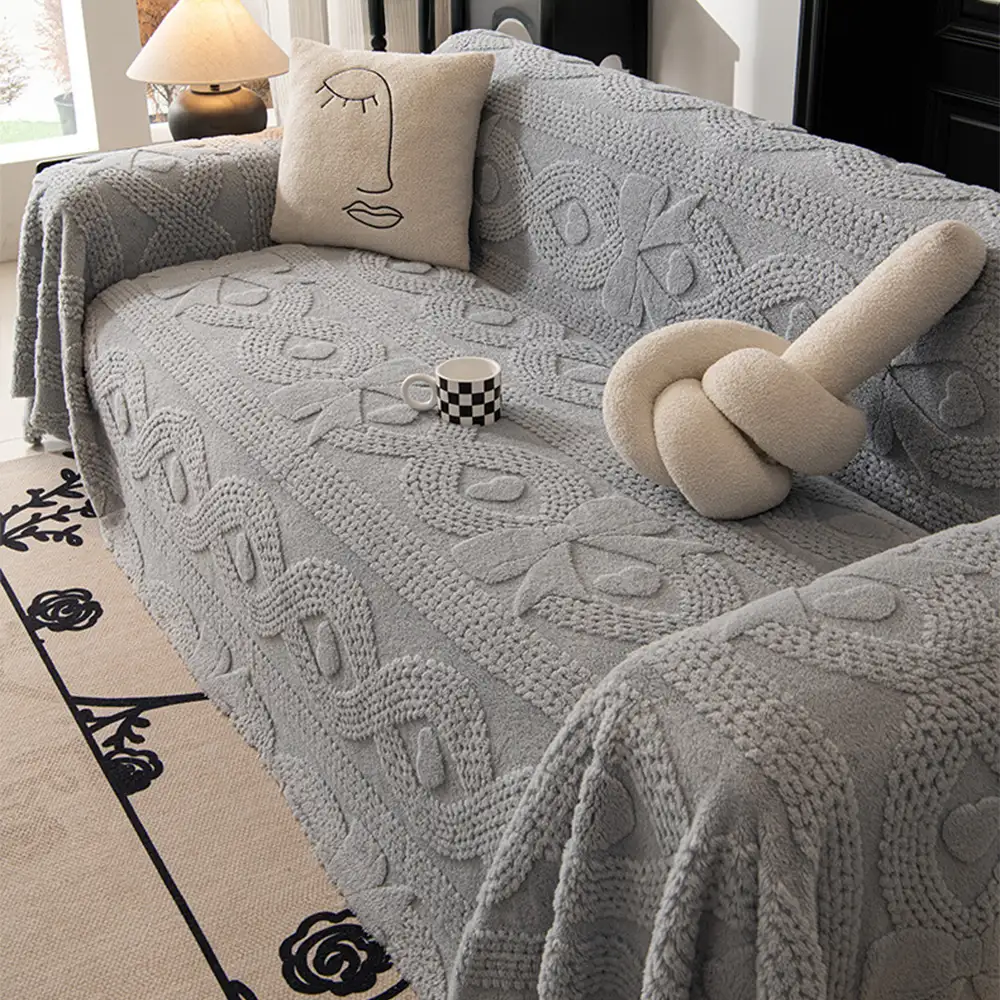Bowknot Jacquard Plush Multifunctional Sofa Blanket Couch Cover - Image 13