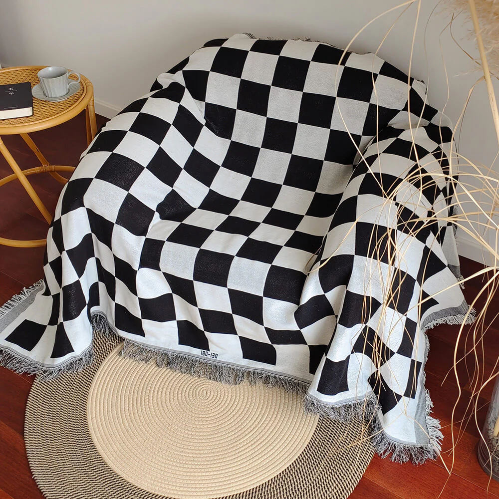 Color Block Checkerboard Fringe Trim Sofa Blanket Couch Cover - Image 4