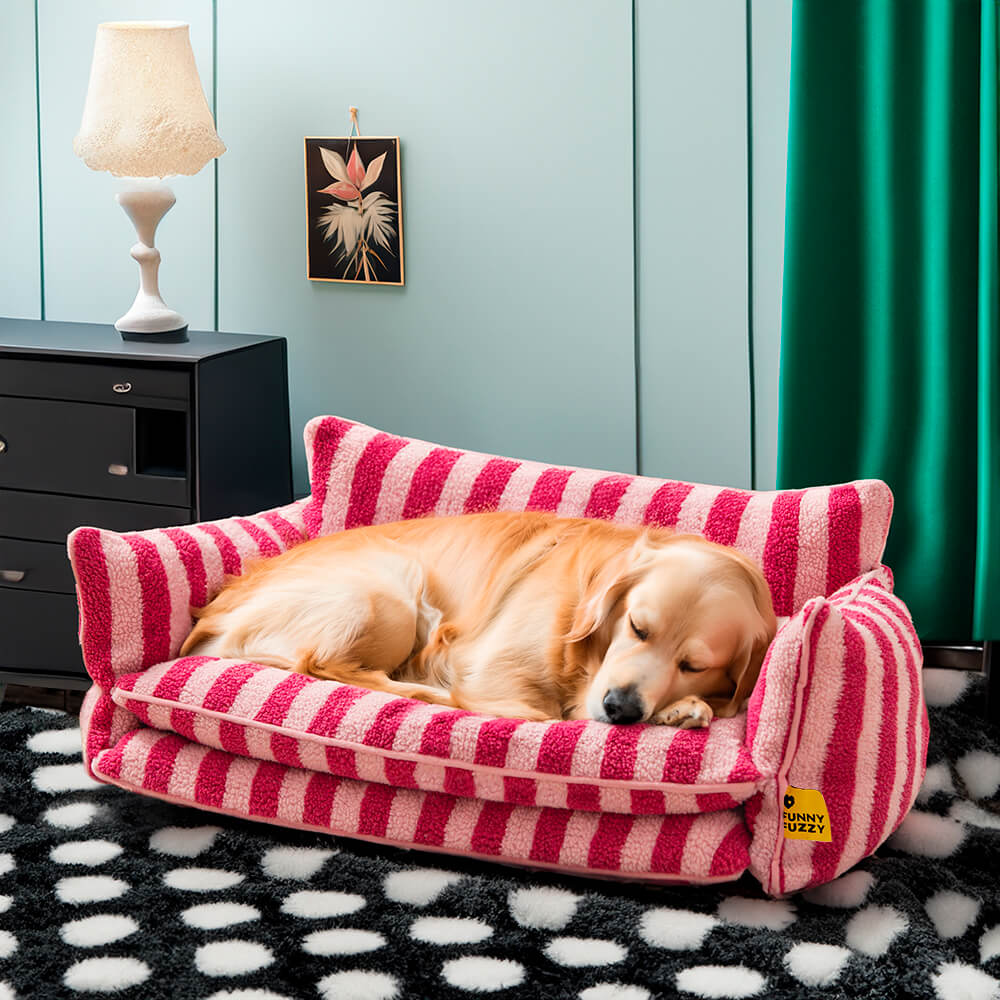 Trendy Striped Faux Lambswool Double Layer Dog & Cat Sofa Bed - Image 4