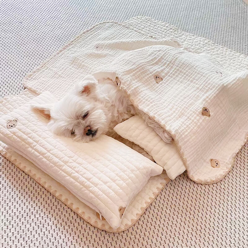 Cozy Embroidered Cotton Pet Pillow Quilt Bed Set - Image 4