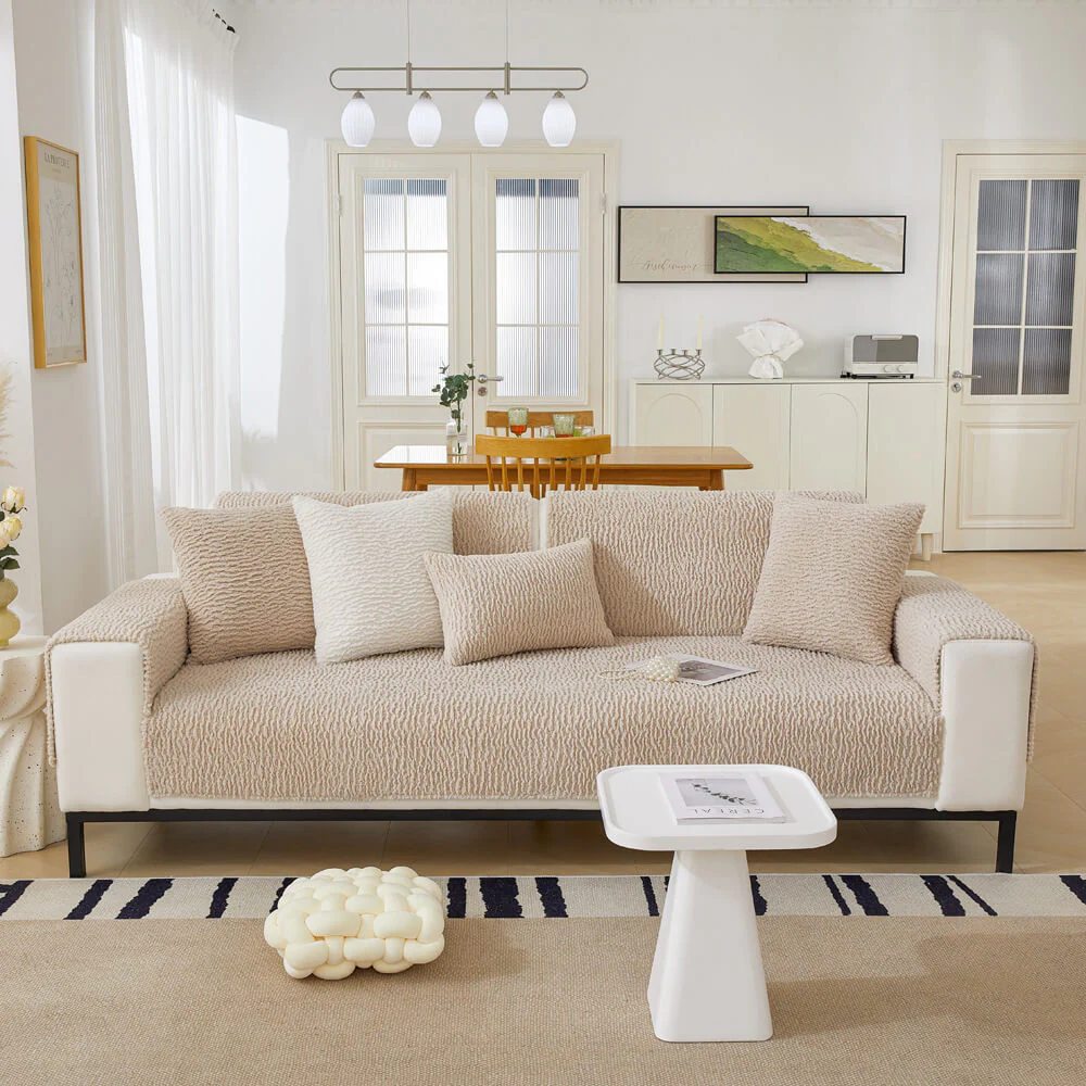 Cream Colour Berber Fleece Anti-Scratch Couch Cover - Image 16