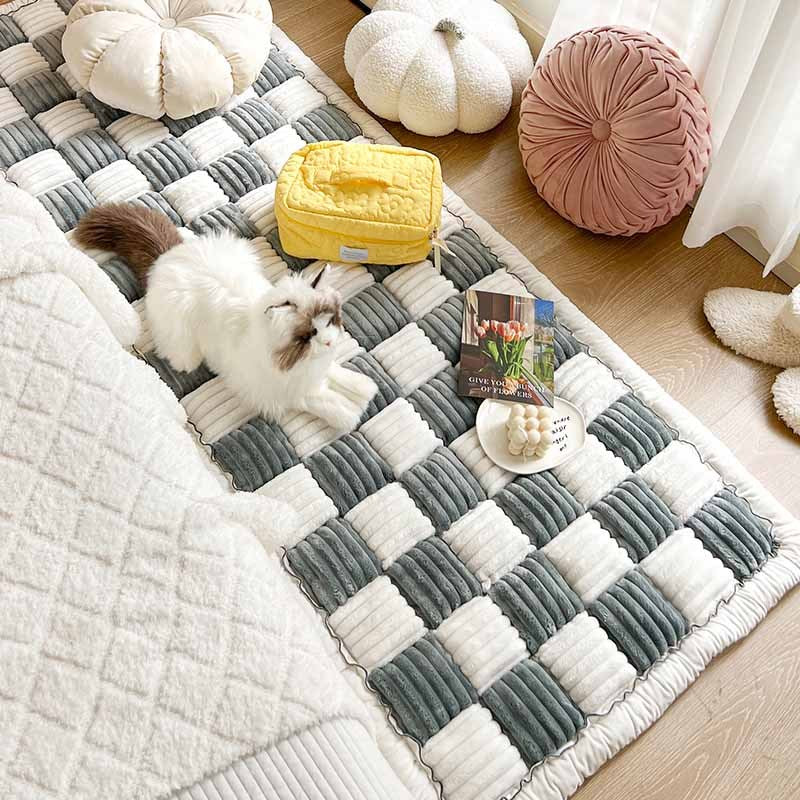 Cream-colored Large Plaid Square Fuzzy Pet Dog Mat Bed Couch Cover - Image 13