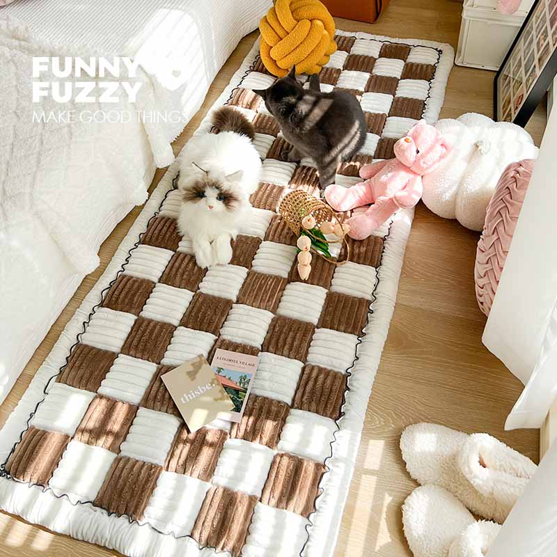 Cream-colored Large Plaid Square Fuzzy Pet Dog Mat Bed Couch Cover - Image 14