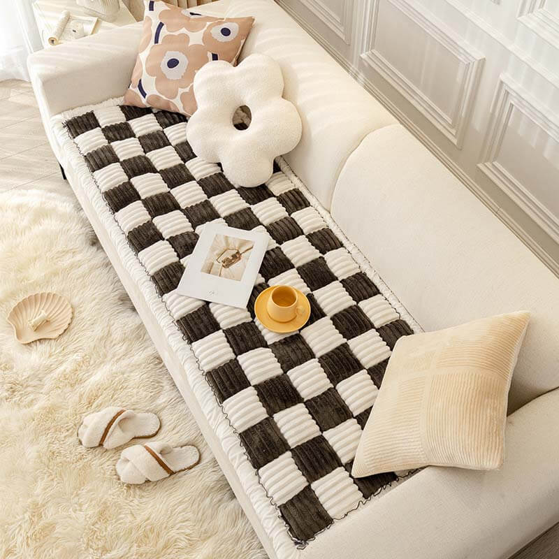Cream-colored Large Plaid Square Fuzzy Pet Dog Mat Bed Couch Cover - Image 18