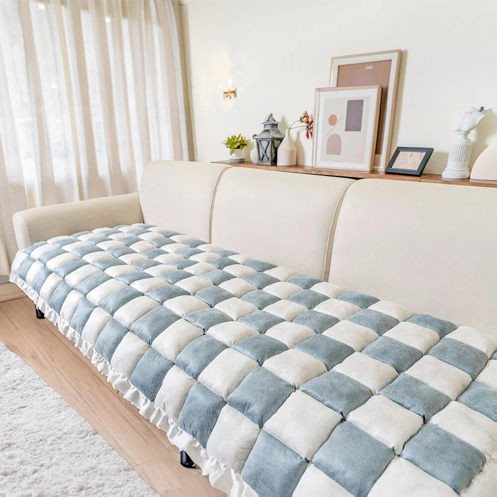 Cream-colored Large Plaid Square Fuzzy Pet Dog Mat Bed Couch Cover - Image 22