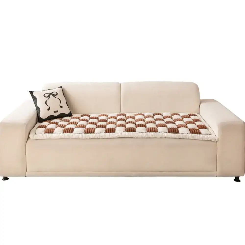 Cream-colored Large Plaid Square Fuzzy Pet Dog Mat Bed Couch Cover - Image 29