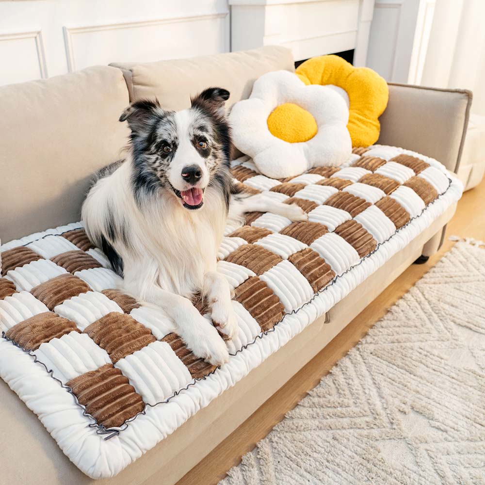 Cream-colored Large Plaid Square Fuzzy Pet Dog Mat Bed Couch Cover - Image 7