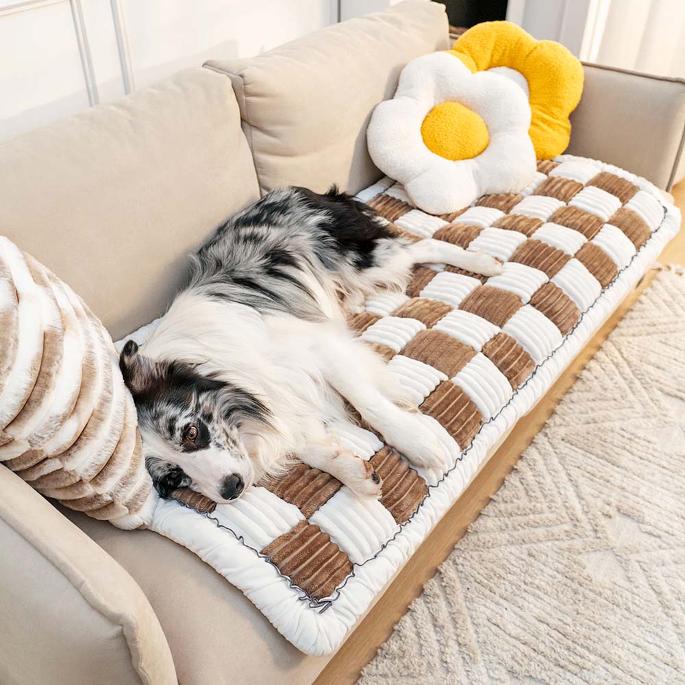 Cream-colored Large Plaid Square Fuzzy Pet Dog Mat Bed Couch Cover - Image 8
