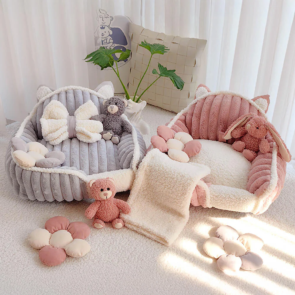 Cream Pink Fluffy Cozy Washable Dog & Cat Sofa Bed - Image 5