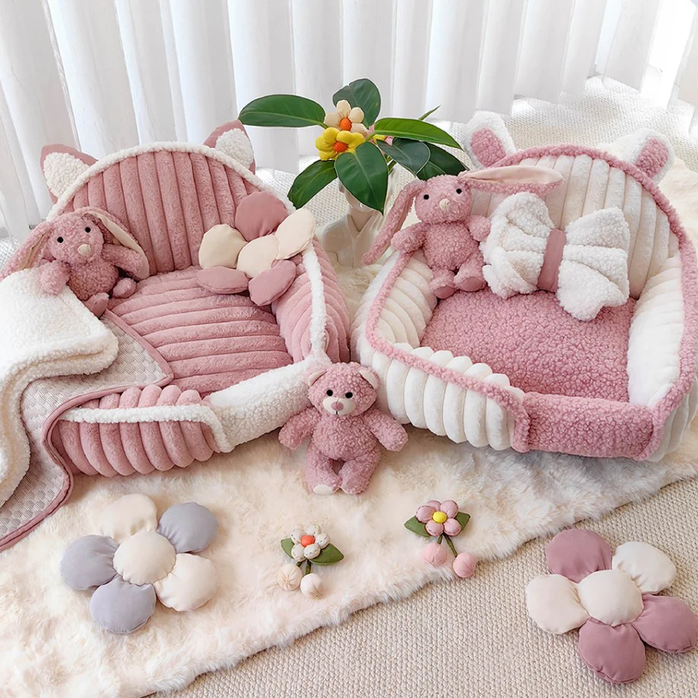 Cream Pink Fluffy Cozy Washable Dog & Cat Sofa Bed - Image 7