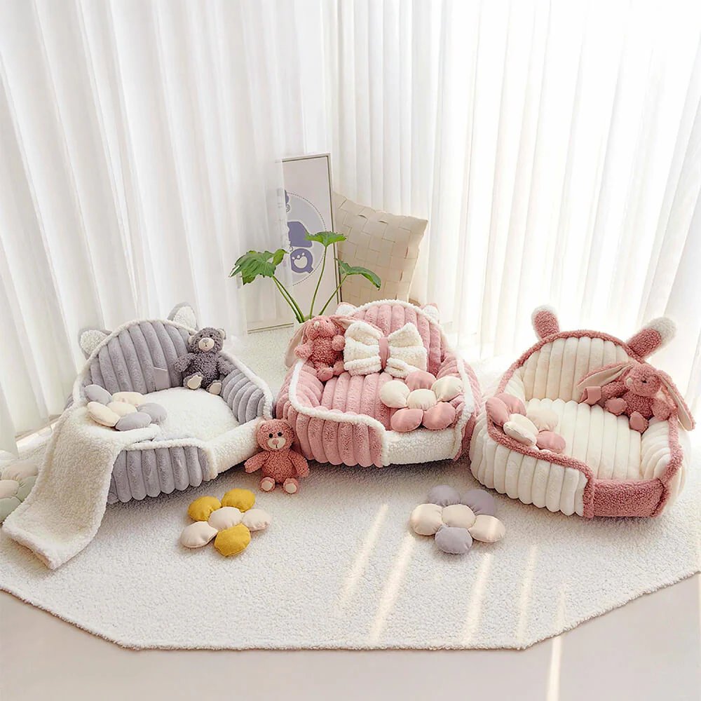 Cream Pink Fluffy Cozy Washable Dog & Cat Sofa Bed - Image 8