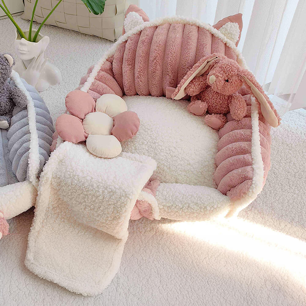 Cream Pink Fluffy Cozy Washable Dog & Cat Sofa Bed - Image 9