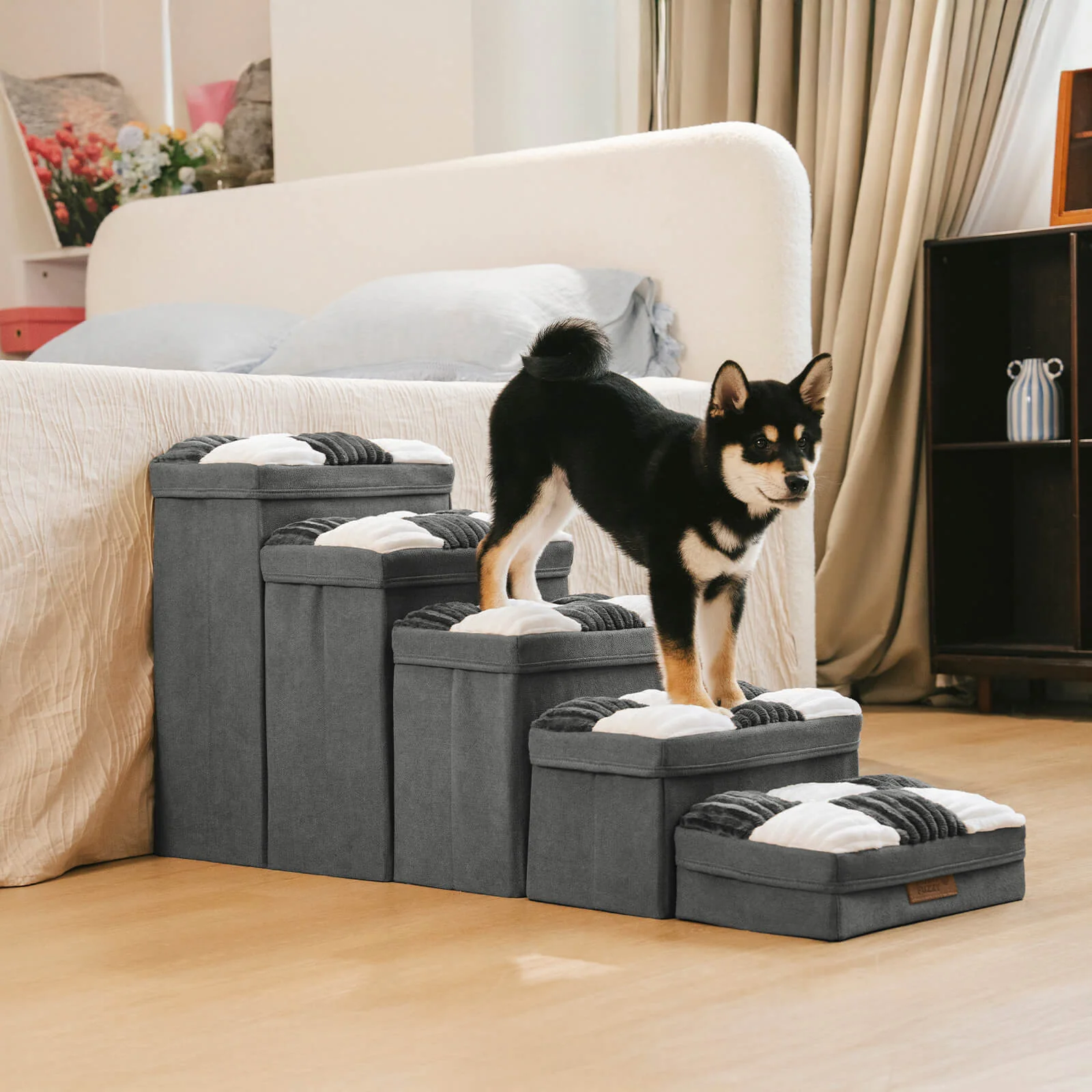 Detachable Chessboard Plaid Handcrafted Dog Stairs with Storage - Foldable Steps - Image 23