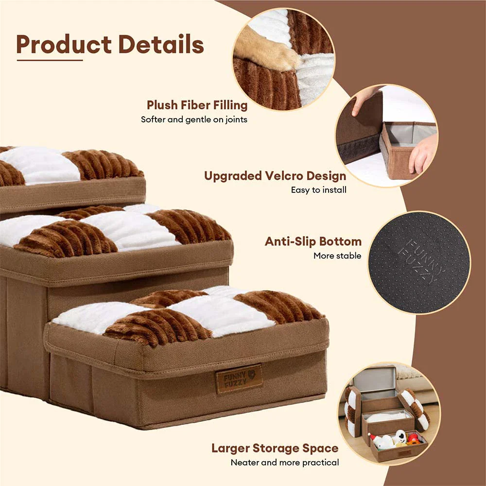 Detachable Chessboard Plaid Handcrafted Dog Stairs with Storage - Foldable Steps - Image 3