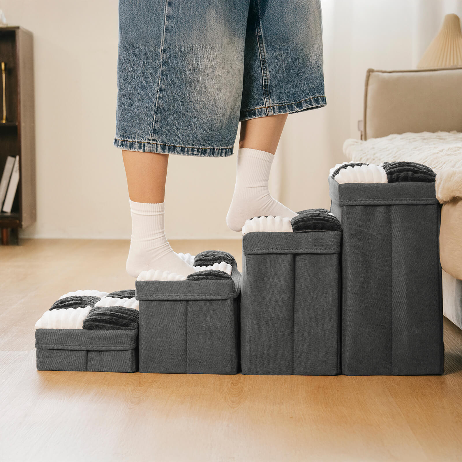 Detachable Chessboard Plaid Handcrafted Dog Stairs with Storage - Foldable Steps - Image 9