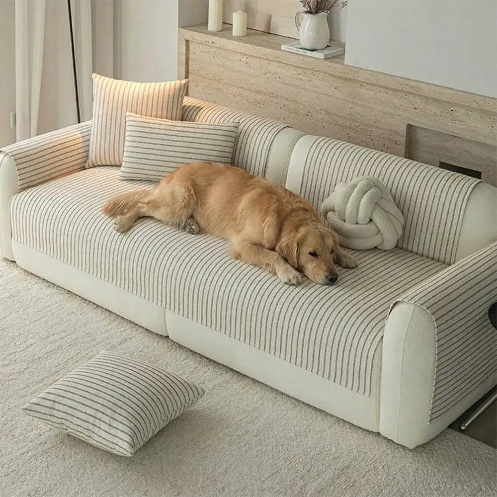 Faux Cotton-Linen Chenille Striped Breathable Scratch-Resistant Couch Cover - Image 10