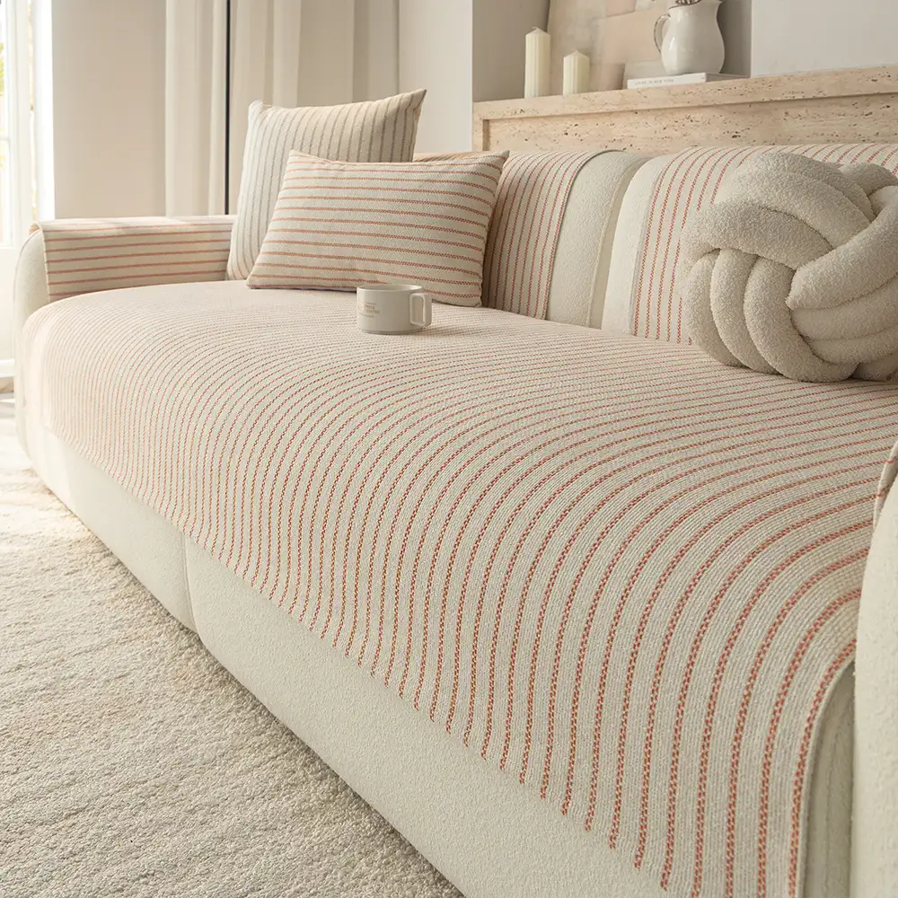 Faux Cotton-Linen Chenille Striped Breathable Scratch-Resistant Couch Cover - Image 12