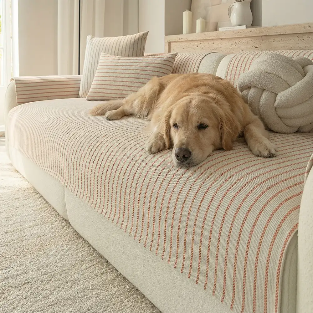Faux Cotton-Linen Chenille Striped Breathable Scratch-Resistant Couch Cover - Image 3