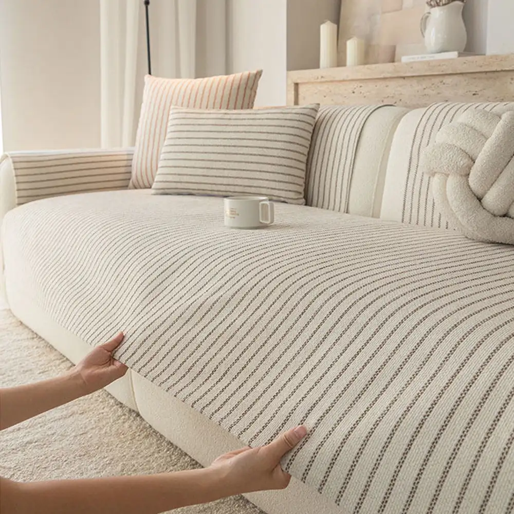 Faux Cotton-Linen Chenille Striped Breathable Scratch-Resistant Couch Cover - Image 5
