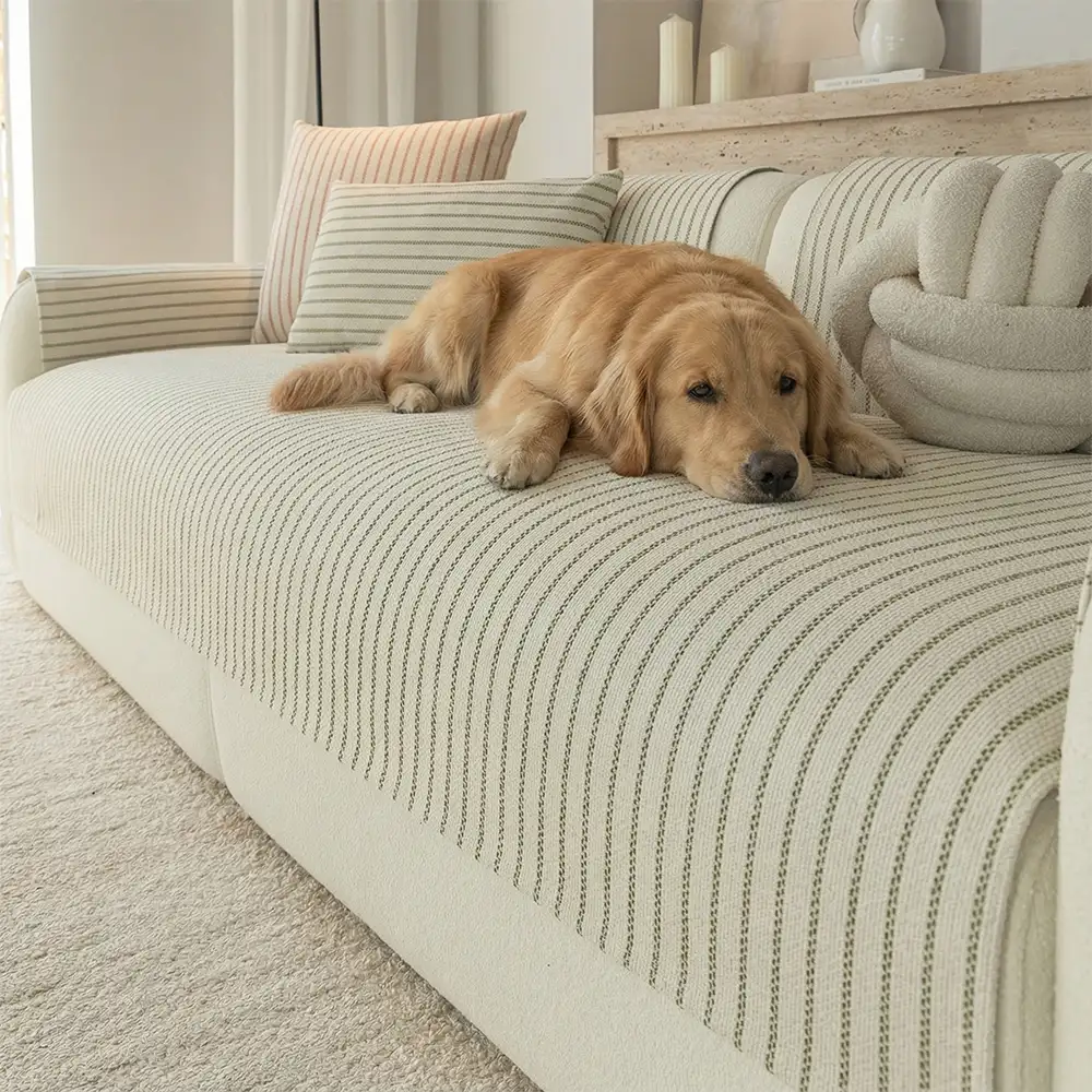 Faux Cotton-Linen Chenille Striped Breathable Scratch-Resistant Couch Cover - Image 9