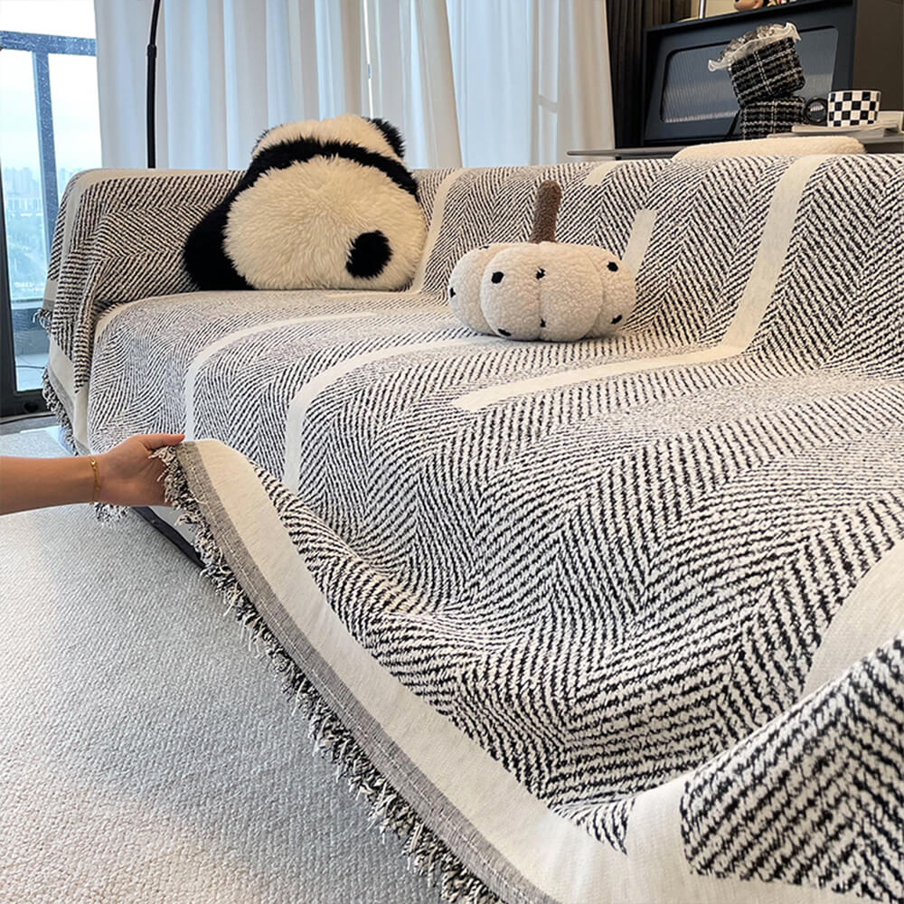 Herringbone Pattern Fringed Chenille Throw Couch Cover - Image 10