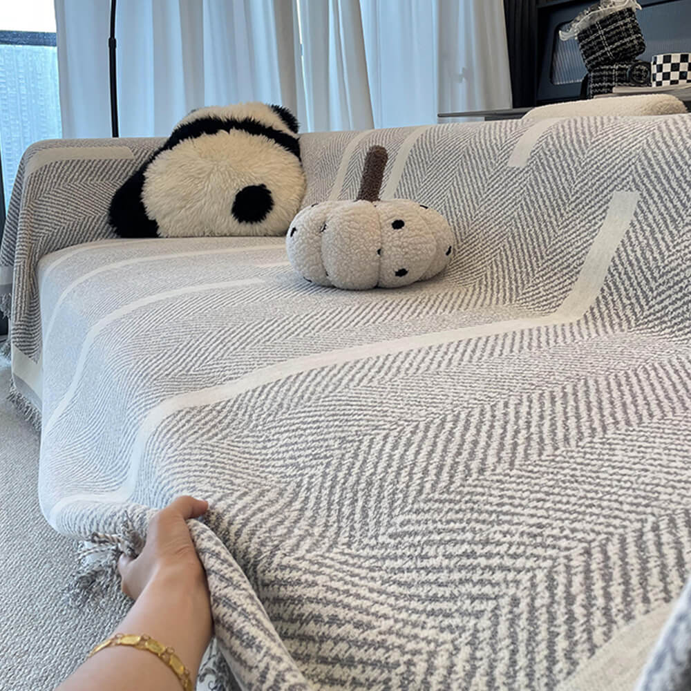 Herringbone Pattern Fringed Chenille Throw Couch Cover - Image 3