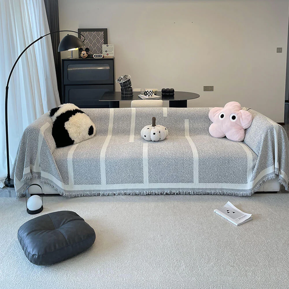 Herringbone Pattern Fringed Chenille Throw Couch Cover - Image 6