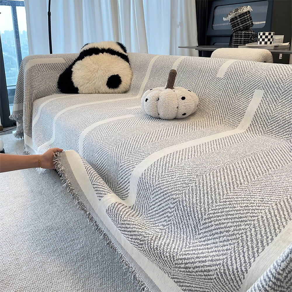 Herringbone Pattern Fringed Chenille Throw Couch Cover - Image 8