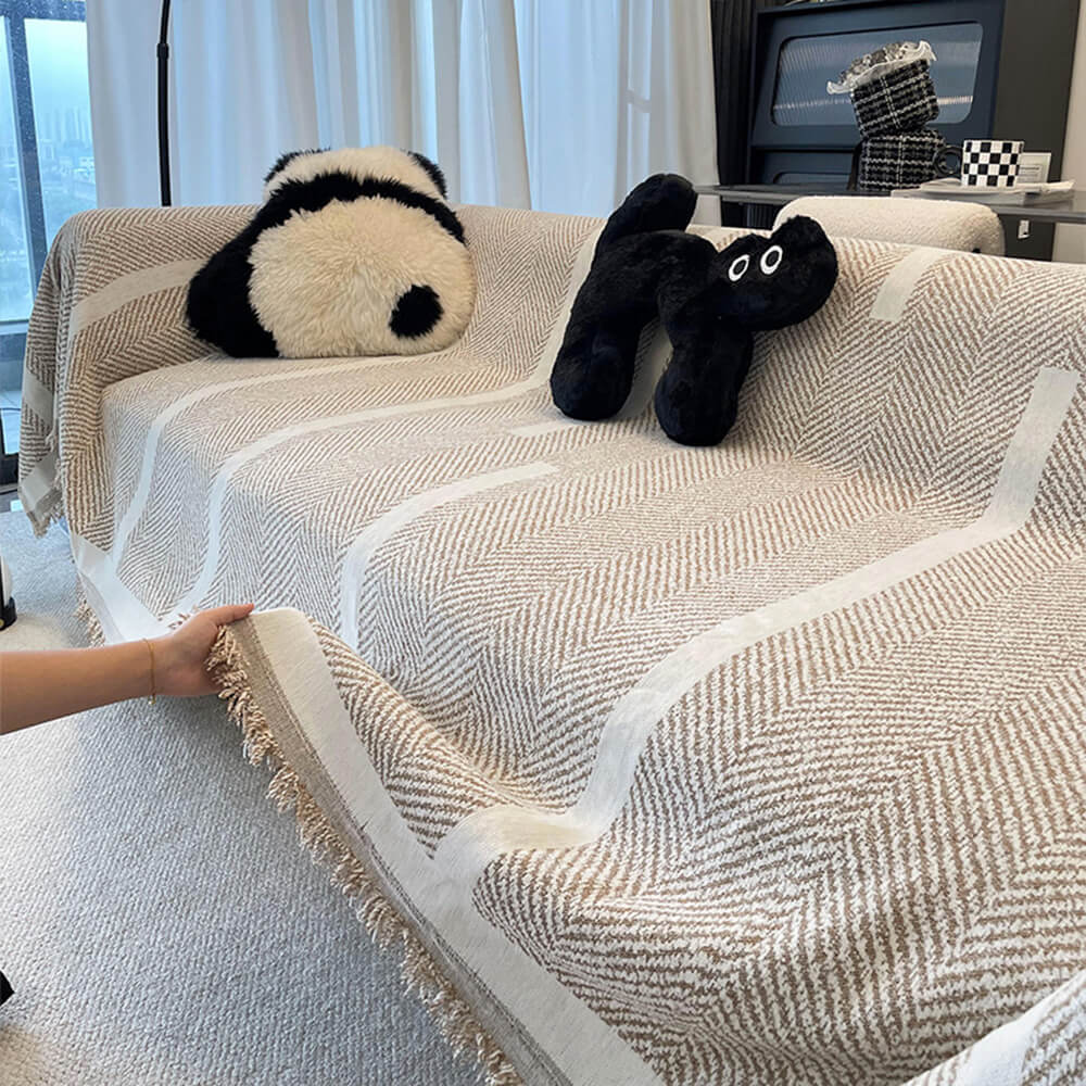 Herringbone Pattern Fringed Chenille Throw Couch Cover - Image 9