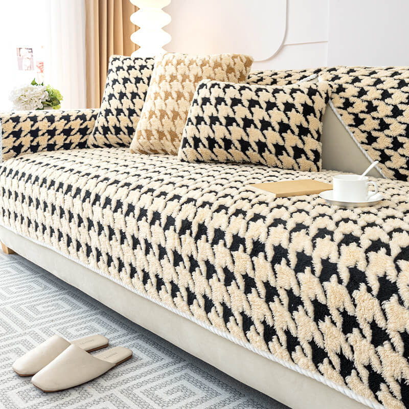 Houndstooth Plush Mat Furniture Protection Anti-Slip Couch Cover - Image 10