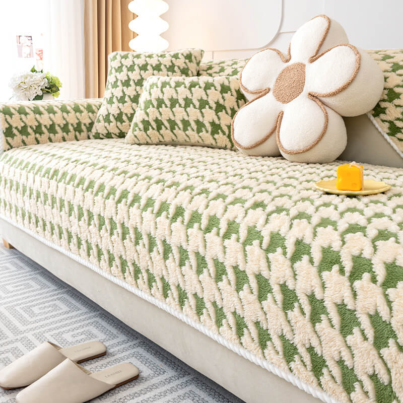 Houndstooth Plush Mat Furniture Protection Anti-Slip Couch Cover - Image 8
