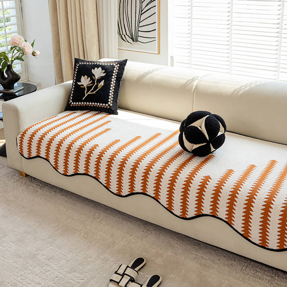 Modern Chevron Stripes Chenille Couch Cover with Wavy Edges - Image 11