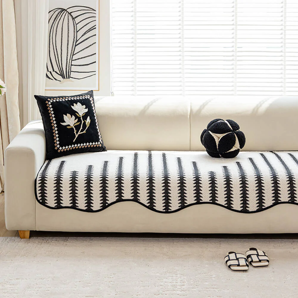 Modern Chevron Stripes Chenille Couch Cover with Wavy Edges - Image 3