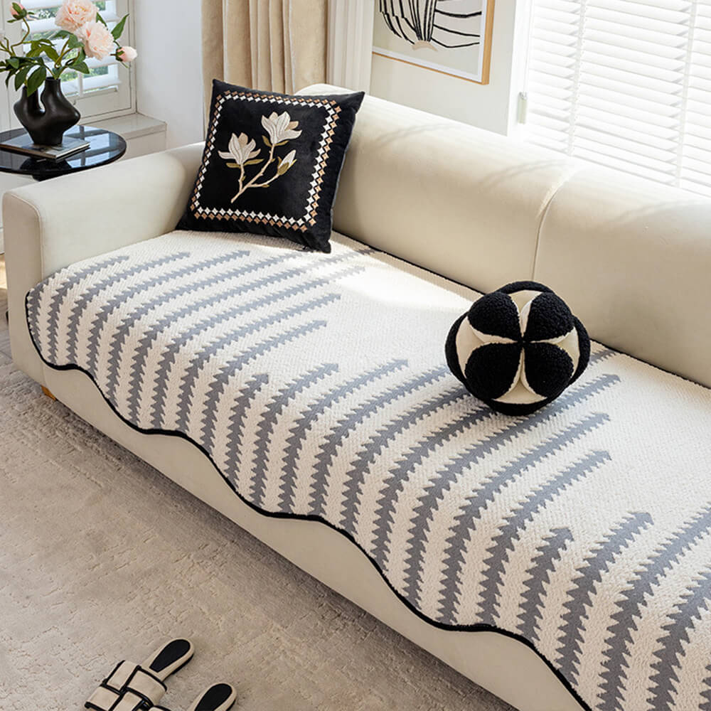 Modern Chevron Stripes Chenille Couch Cover with Wavy Edges - Image 8