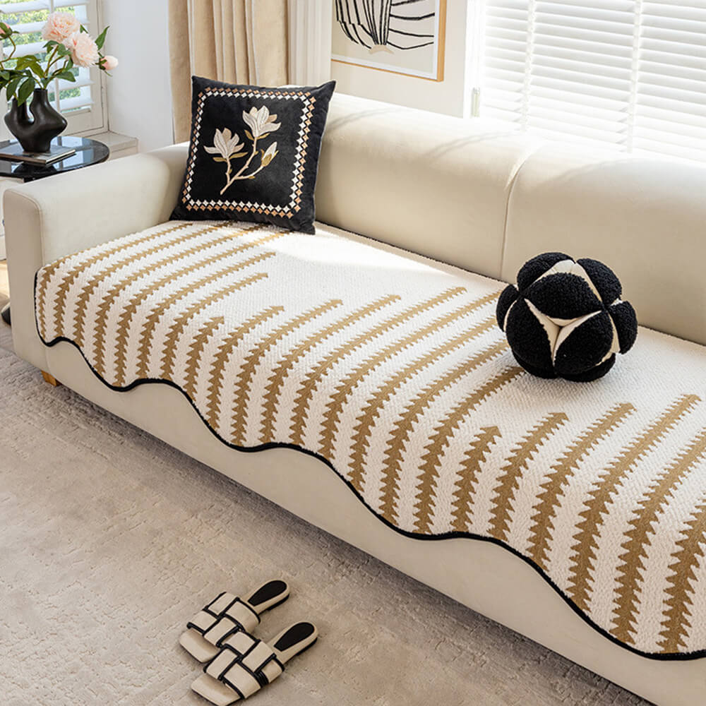 Modern Chevron Stripes Chenille Couch Cover with Wavy Edges - Image 9