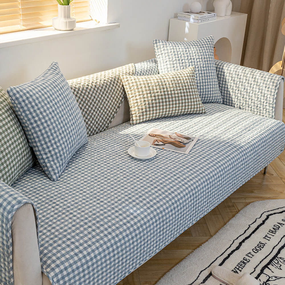 Retro Plaid Washed Cotton Wear-Resistant Non-Pilling Couch Cover - Image 7