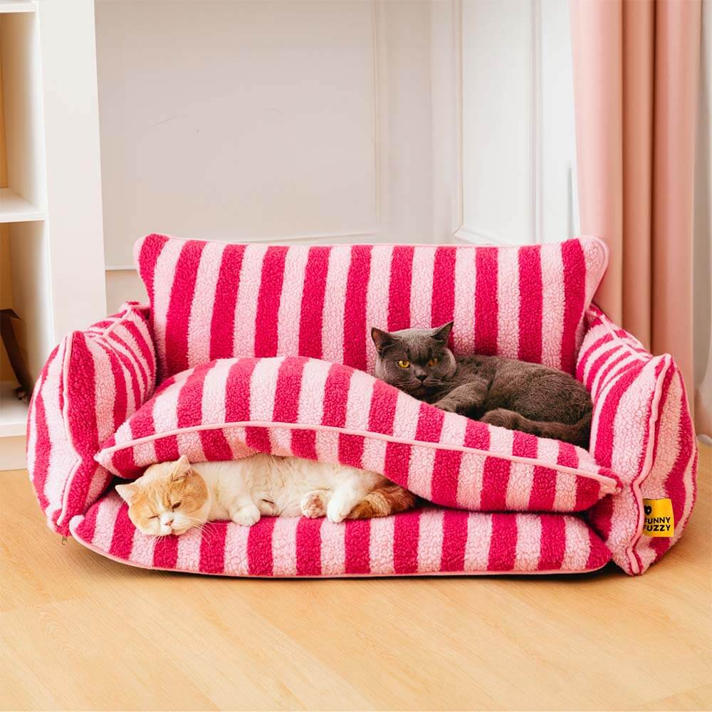 Trendy Striped Faux Lambswool Double Layer Cat Couch Sofa Bed - Image 10