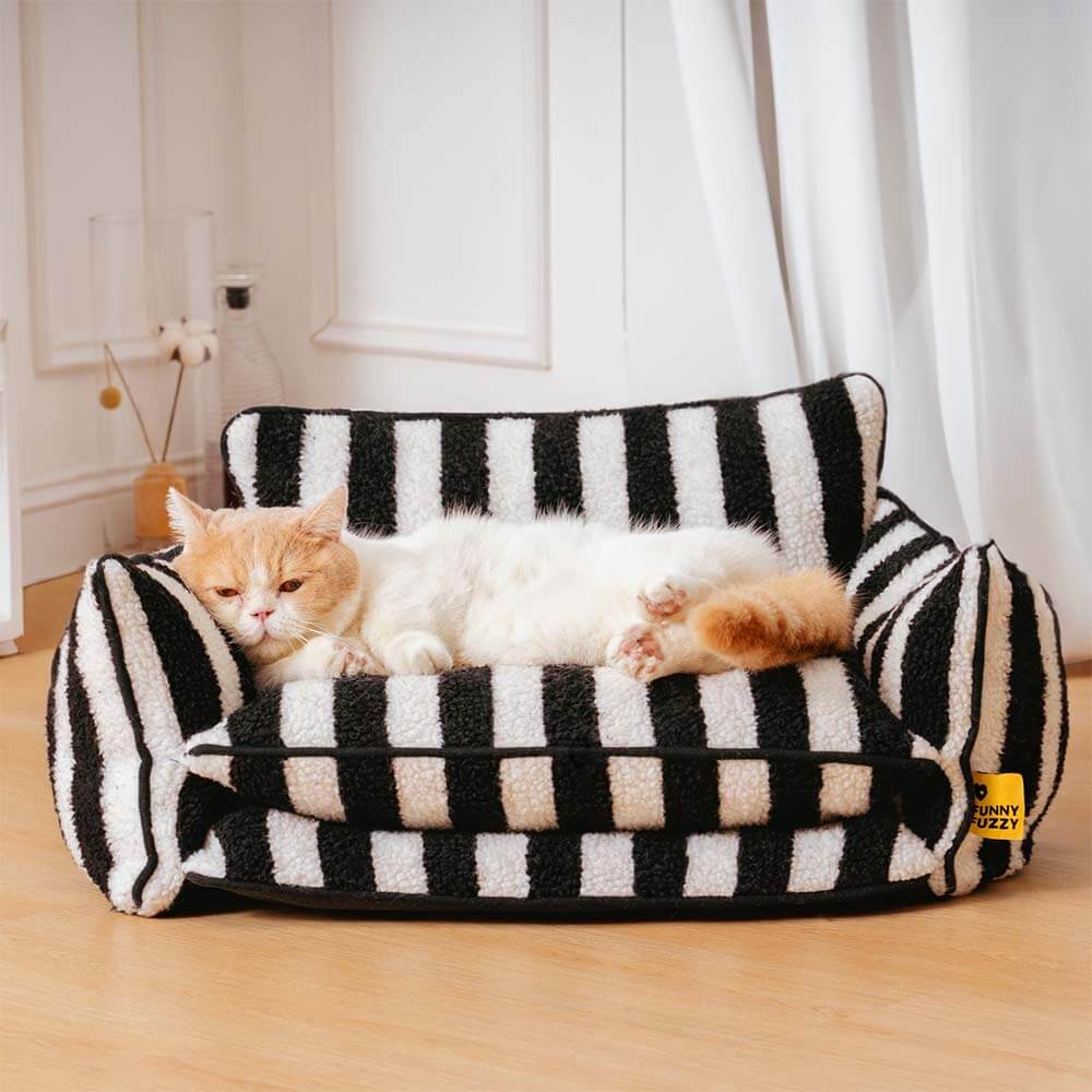 Trendy Striped Faux Lambswool Double Layer Cat Couch Sofa Bed - Image 3