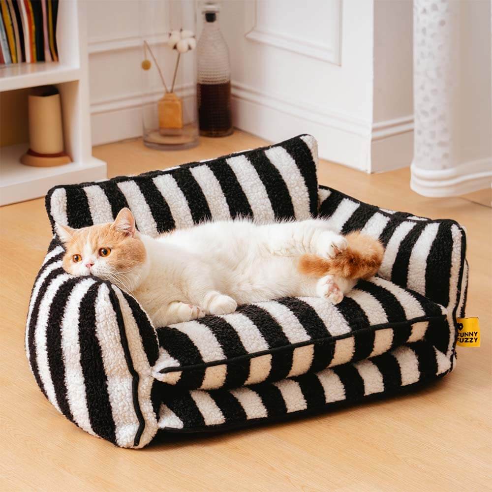 Trendy Striped Faux Lambswool Double Layer Cat Couch Sofa Bed - Image 7
