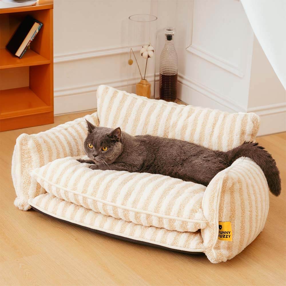Trendy Striped Faux Lambswool Double Layer Cat Couch Sofa Bed - Image 8