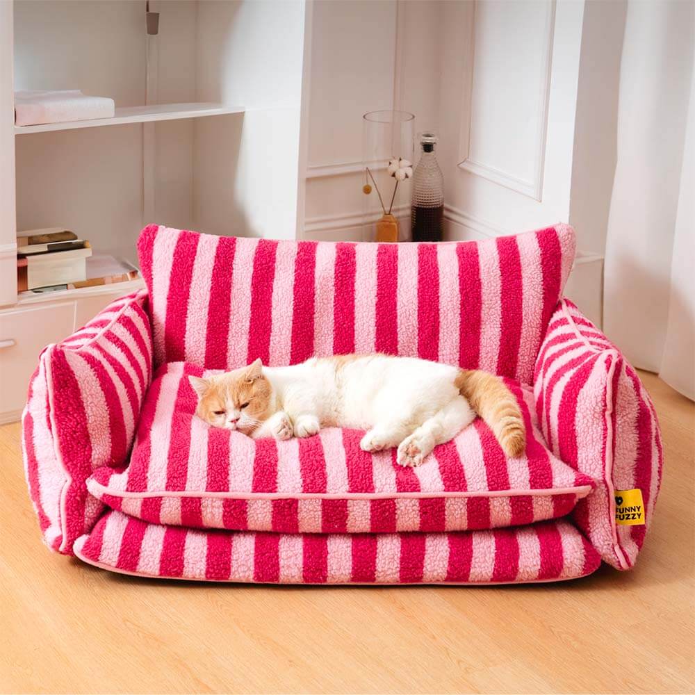 Trendy Striped Faux Lambswool Double Layer Cat Couch Sofa Bed - Image 9